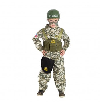 The image shows a Navy SEAL-themed party costume set for children, consisting of five pieces. The set includes a camouflage jumpsuit, a vest with "NAVY SEAL" text, a toy helmet, a toy walkie-talkie, and a toy utility belt.