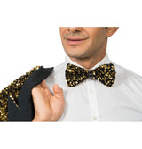 The image shows a black velvet bow tie adorned with gold sequins, measuring approximately 15cm x 8cm, suitable as a party accessory.