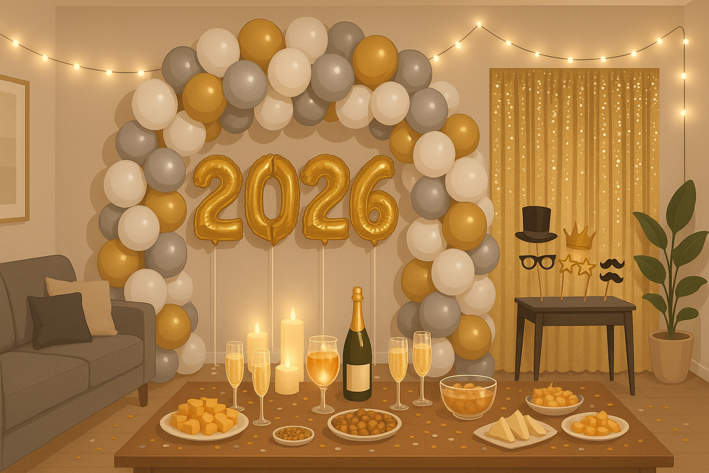 Salon moderne décoré pour le Nouvel An 2026 avec arche de ballons dorés, chiffres 2026, photobooth DIY et buffet économique