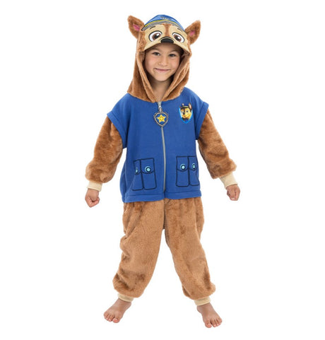 The image shows a child wearing a "Chase" onesie costume from the animated series "Paw Patrol," standing against a plain background.