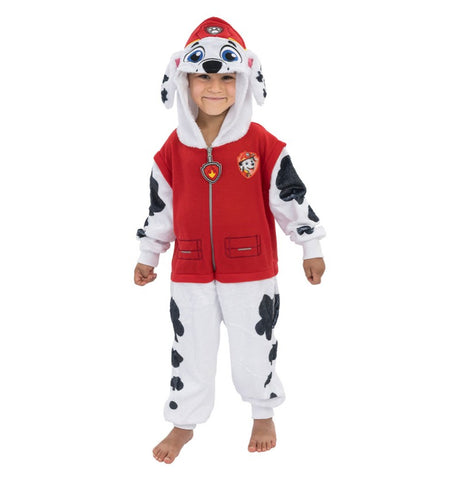 The image shows a child wearing a "Marcus" onesie costume from the animated series "Paw Patrol," standing against a plain background.