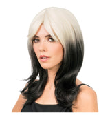 The image shows a black and white wig styled in a short, straight cut, likely intended for costume or party use.
