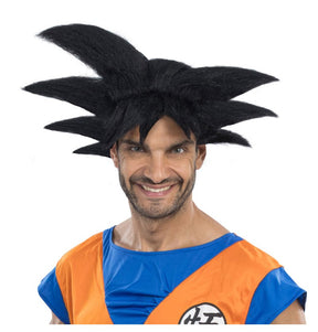 The image shows a black spiky wig styled to resemble the hair of Goku in his Saiyan form from Dragon Ball Z, displayed on a mannequin head.