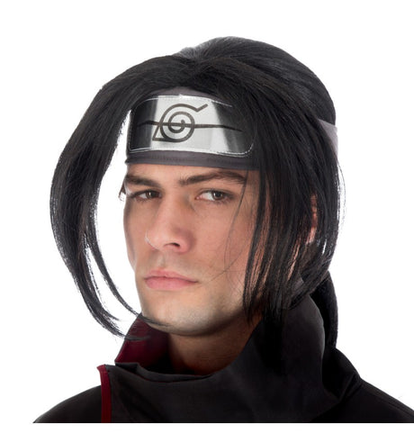 The image shows a party wig styled to resemble the character Itachi from Naruto Shippuden, featuring long, straight black hair with a center part and a red headband.