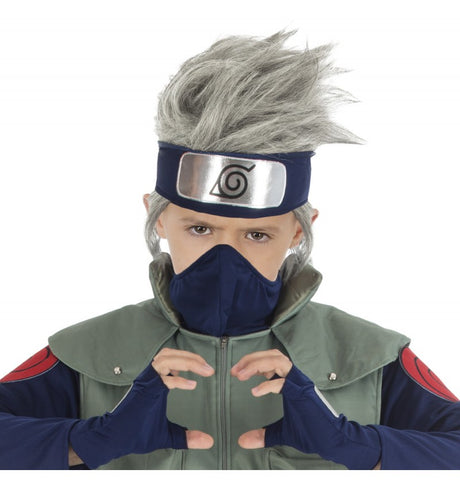 The image shows a child wearing a Kakashi Hatake wig from the anime Naruto Shippuden, styled with spiky silver hair and a headband featuring the Hidden Leaf Village symbol.