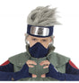 The image shows a child wearing a Kakashi Hatake wig from the anime Naruto Shippuden, styled with spiky silver hair and a headband featuring the Hidden Leaf Village symbol.
