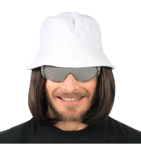 The image shows a party wig featuring long black hair with a white bob-style hat or cap on top, likely intended as a costume accessory.