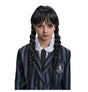 The image shows a child wearing a black braided wig styled to resemble Wednesday Addams from the Addams Family, indicating a costume suitable for a themed party or Halloween event.