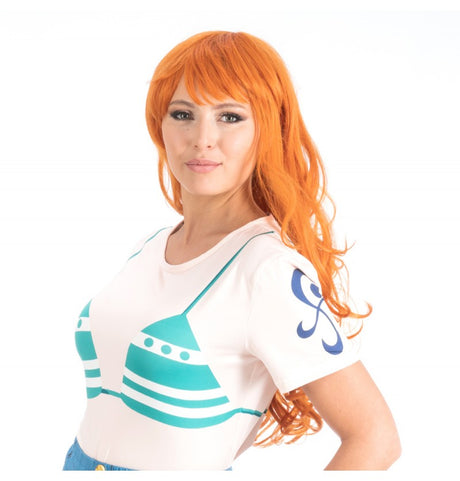 The image shows a person wearing an orange wig styled in a manner similar to the character Nami from the anime "One Piece," suggesting a cosplay or costume party theme.