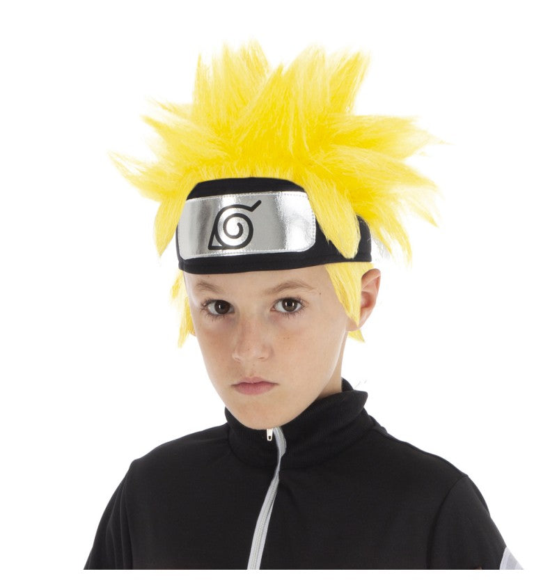 The image shows a yellow spiky wig designed to resemble the hairstyle of Naruto Uzumaki from the anime "Naruto Shippuden," intended for children.