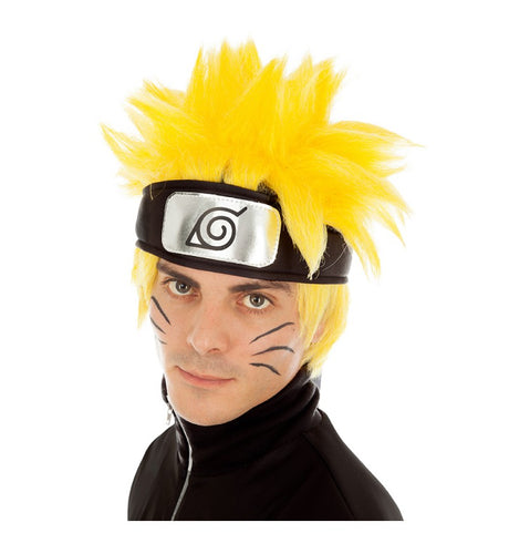 The image shows a bright yellow spiky wig styled to resemble the hair of Naruto Uzumaki from the anime "Naruto Shippuden," displayed on a mannequin head.