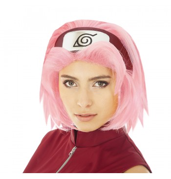 The image shows a pink wig styled to resemble the hair of Sakura Haruno, a character from the anime Naruto Shippuden, displayed on a mannequin head.