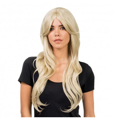 The image shows a long blonde wig with curtain bangs, styled for a party or costume event.