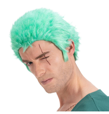 The image shows a green wig styled to resemble the hairstyle of Zoro, a character from the anime One Piece, displayed on a mannequin head.