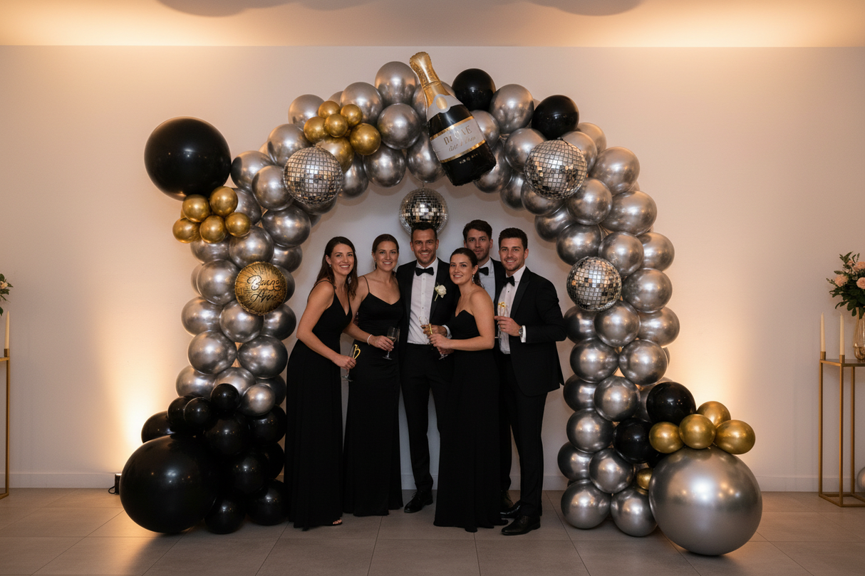 Photobooth mariage luxe avec arche de ballons noirs et argentés