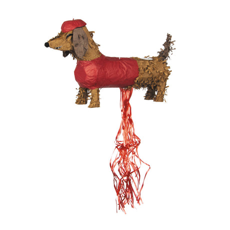 Pinata teckel 48 cm en forme de chien pour anniversaire, pinata chien décorative portant un petit pull et un béret rouge, à tirer avec ficelles ou à frapper au bâton