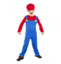 The image shows a child's costume set inspired by a plumber character, consisting of a red shirt and blue overalls, suitable for a party or themed event.