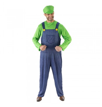 The image shows a three-piece red plumber costume set, which includes a red cap, a red shirt with blue overalls, and white gloves, designed for party or costume events.