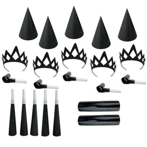The image shows a party favor set designed for 10 people, featuring a "glitter noir mix" theme.