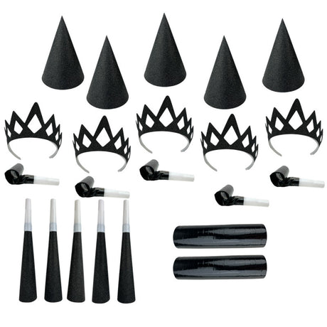 The image shows a party favor set designed for 10 people, featuring a "glitter noir mix" theme.