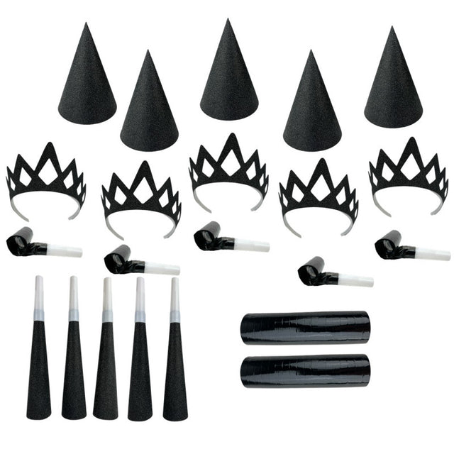 The image shows a party favor set designed for 10 people, featuring a "glitter noir mix" theme.