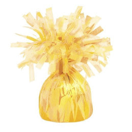 The image shows a yellow balloon weight, typically used to anchor helium balloons at parties.