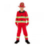 The image shows an American firefighter costume set for parties, consisting of three pieces. The costume includes a firefighter jacket, pants, and a helmet, all designed for a realistic firefighter appearance.