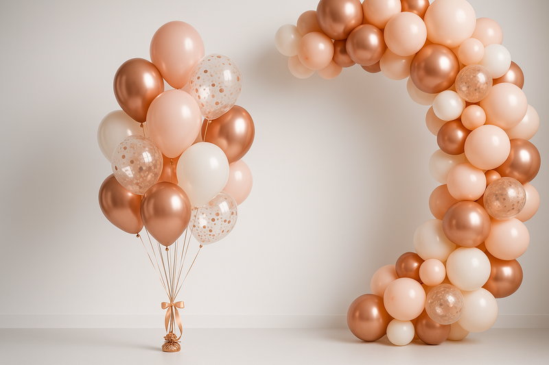 Professional product photography of elegant balloon bouquet and arch arrangement