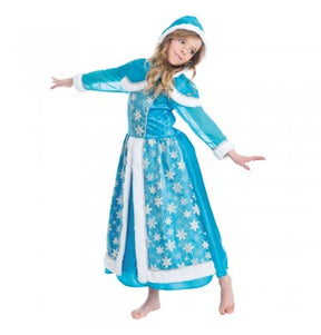 The image shows a child dressed in a blue and white ice queen costume, inspired by winter or "Frozen" themes, with a long dress and a matching cape. The costume is accessorized with a tiara and features snowflake motifs.