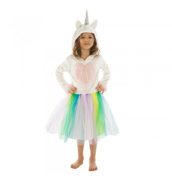 The image shows a child's unicorn-themed costume dress, primarily white with colorful accents, designed for parties or dress-up events.