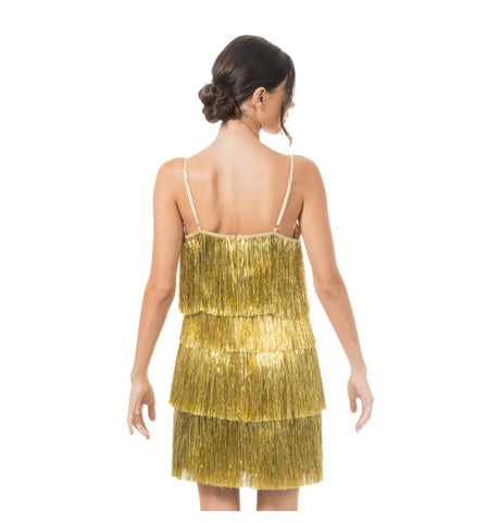 The image shows a gold, fringed, shimmering dress designed for party or festive occasions.