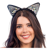 Serre-tête oreilles de chat en strass argenté – soirées & déguisements – adulte