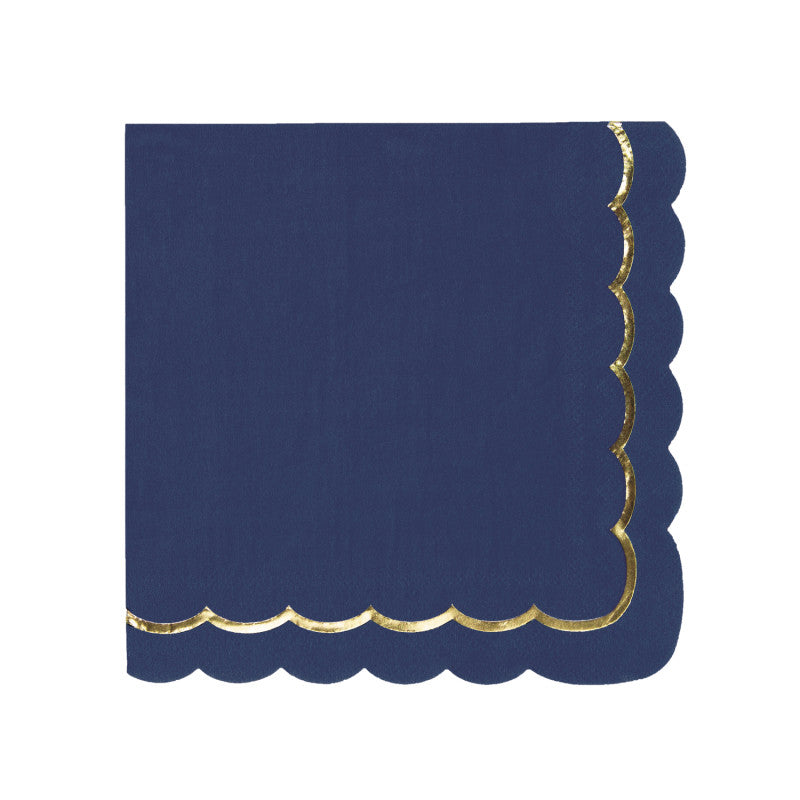 Serviettes festonnées bleu marine et or 33x33 cm en papier FSC, lot de 16, serviettes jetables élégantes pour table de fête, mariage ou cocktail