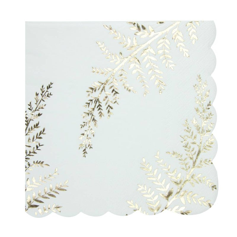 Serviettes papier festonnées blanches 33x33 cm avec imprimé fougère doré, 3 plis, certifiées FSC, paquet de 16, pour table chic, fêtes et mariage