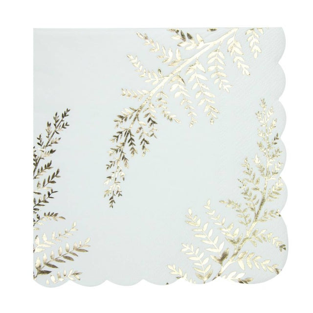 Serviettes papier festonnées blanches 33x33 cm avec imprimé fougère doré, 3 plis, certifiées FSC, paquet de 16, pour table chic, fêtes et mariage