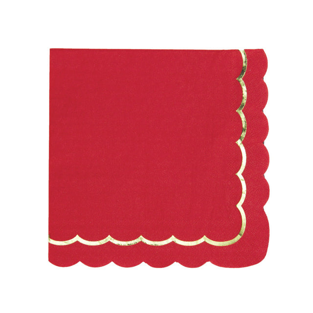 Serviettes festonnées rouges et or 33x33 cm en papier FSC, paquet de 16, 18 g, bords festonnés avec galon doré, serviettes jetables élégantes pour table de Noël et fêtes