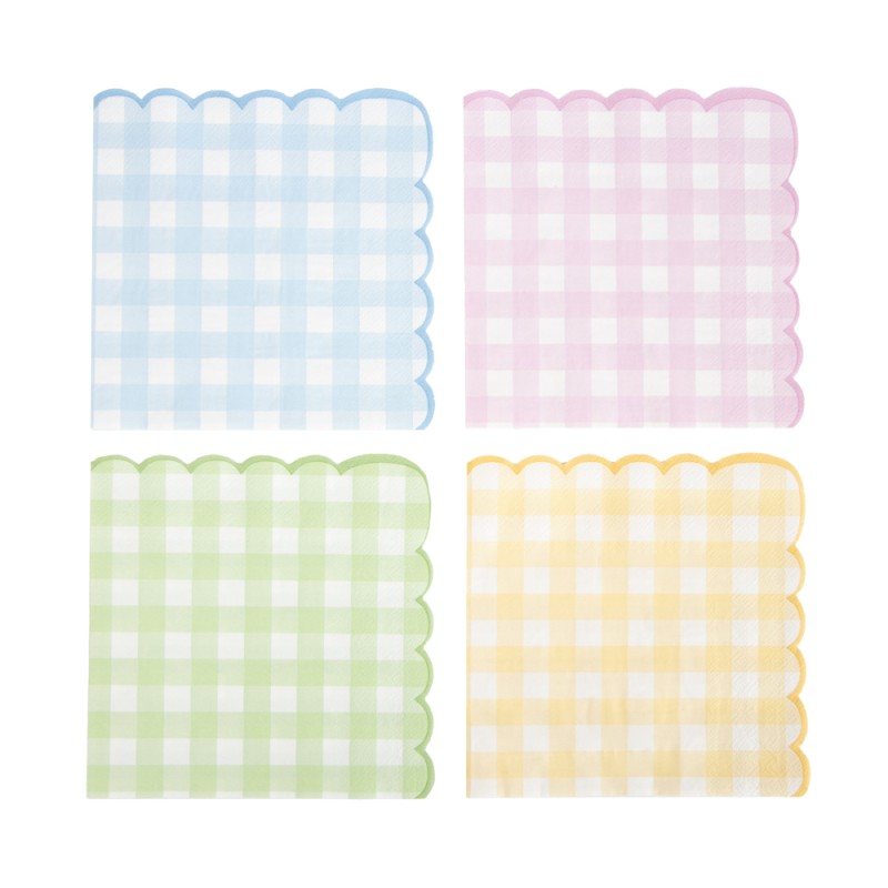 Serviettes papier festonnées 33x33 cm motif vichy pastel (rose, bleu, jaune, vert) lot de 16, certifiées FSC, idéales pour fêtes de printemps et Pâques