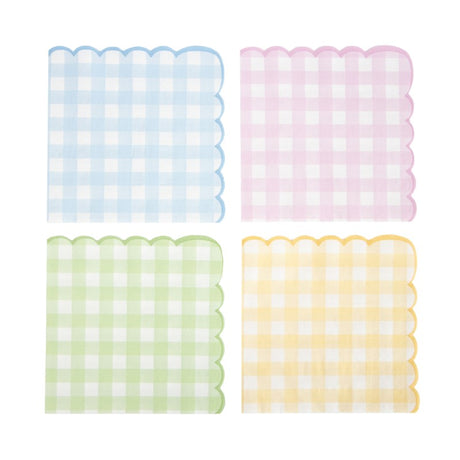 Serviettes papier festonnées 33x33 cm motif vichy pastel (rose, bleu, jaune, vert) lot de 16, certifiées FSC, idéales pour fêtes de printemps et Pâques