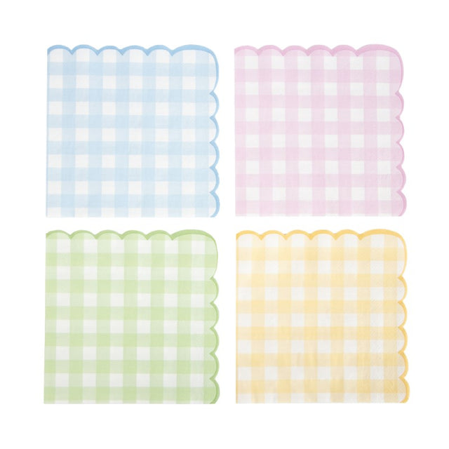 Serviettes papier festonnées 33x33 cm motif vichy pastel (rose, bleu, jaune, vert) lot de 16, certifiées FSC, idéales pour fêtes de printemps et Pâques