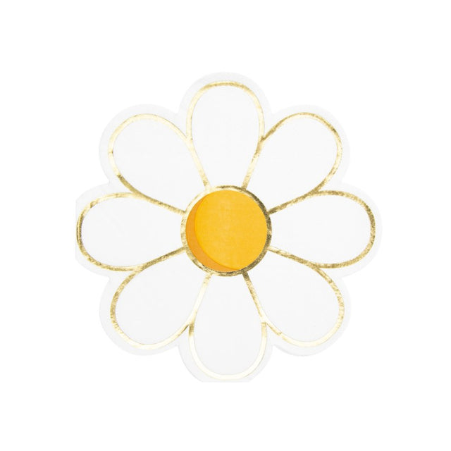 Pack of 16 marguerite-shaped paper napkins 32x32 cm with gold trim, FSC-certified daisy motif for Hippy Party, 70s or Easter table decoration