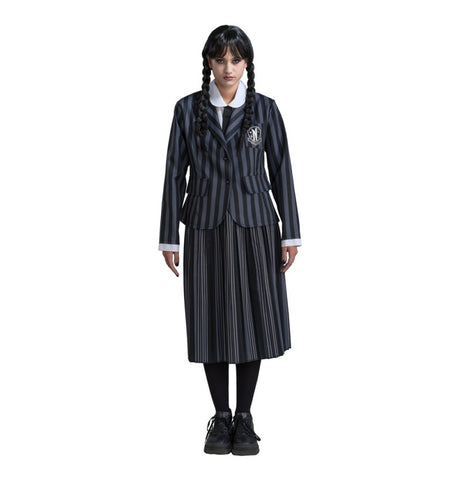 The image shows a three-piece black and gray uniform costume inspired by the character Wednesday Addams, suitable for a party or themed event.