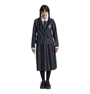 The image shows a three-piece black and purple uniform costume inspired by the character Wednesday Addams, suitable for a party or themed event.