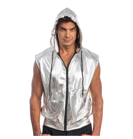 Veste argent sans manches à capuche – style disco futuriste – adulte