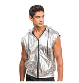 The image shows a sleeveless silver hooded vest, likely made from a shiny, metallic material, displayed on a mannequin torso.
