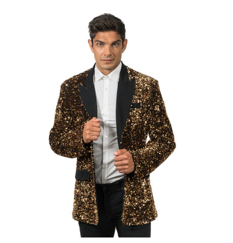 The image shows a black velvet jacket with bronze sequins, likely intended as a costume or partywear item.