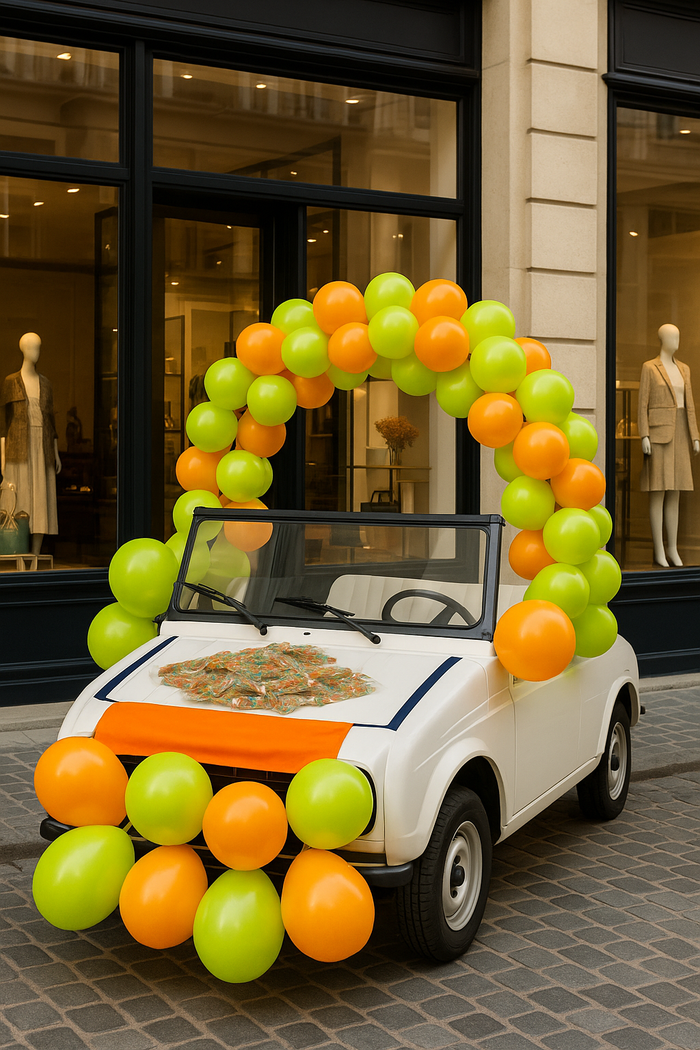 Voiture décorée devant commerce - format horizontal